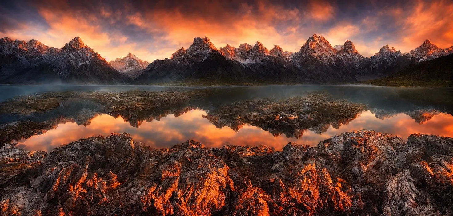 Image similar to amazing landscape photo of mountains with lake in sunset by marc adamus, beautiful dramatic lighting