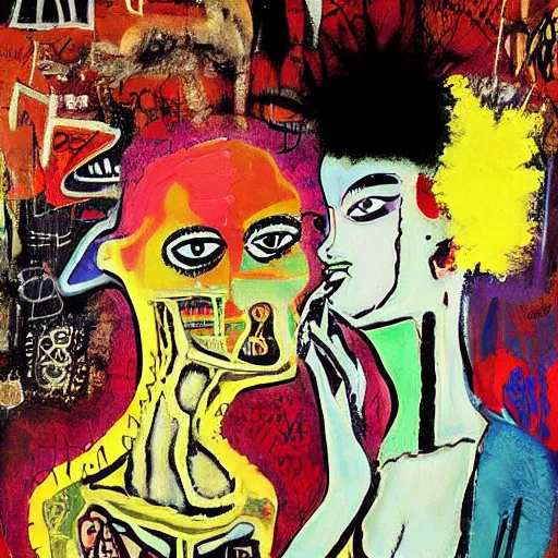Image similar to beautiful painting of two bizarre psychedelic goth women kissing each other closeup in a cafe in japan, speculative evolution, mixed media collage by basquiat and jackson pollock, magazine collage art, sapphic art, lesbian art
