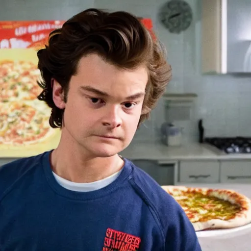 Image similar to a realistic photo of Steve Harrington from Stranger Things making a pizza, ultra realistic