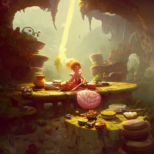 Image similar to Little Miss is sitting on her Tuffet eating a bowl of curds and whey, summer, 8k resolution matte fantasy painting, cinematic lighting, DeviantArt, Artstation, Jason Felix Steve Argyle Tyler Jacobson Peter Mohrbacher