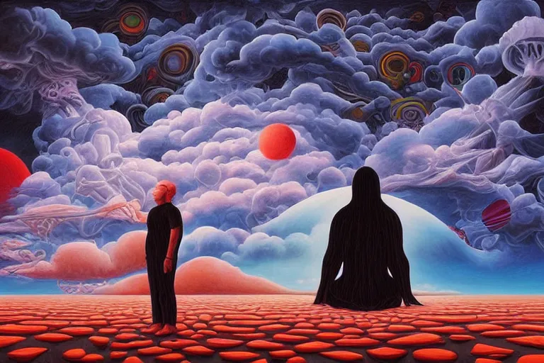 Prompt: massive large human dark black unassuming figure in center of psychdelic city tranquil dreamworld in the clouds, surrealist and abstract digital art trending on artstation by artist Rob Gonsalves and Mark Riddick supreme peace immense knowledge off white cream and vibrant bright red restricted palette dmt art