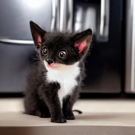 Image similar to a bat kitten, sitting in front of a fridge, photo taken by a nikon, very detailed, 4k