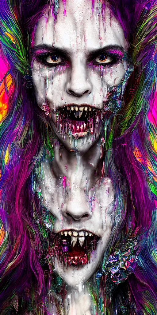 Image similar to Portrait of an impossibly beautiful vampire with large vampire fangs, single face, full body, intricate complexity, horror, psychedelic glitch art, rainbow drip paint, trending on art station, photoreal, 8k, octane render