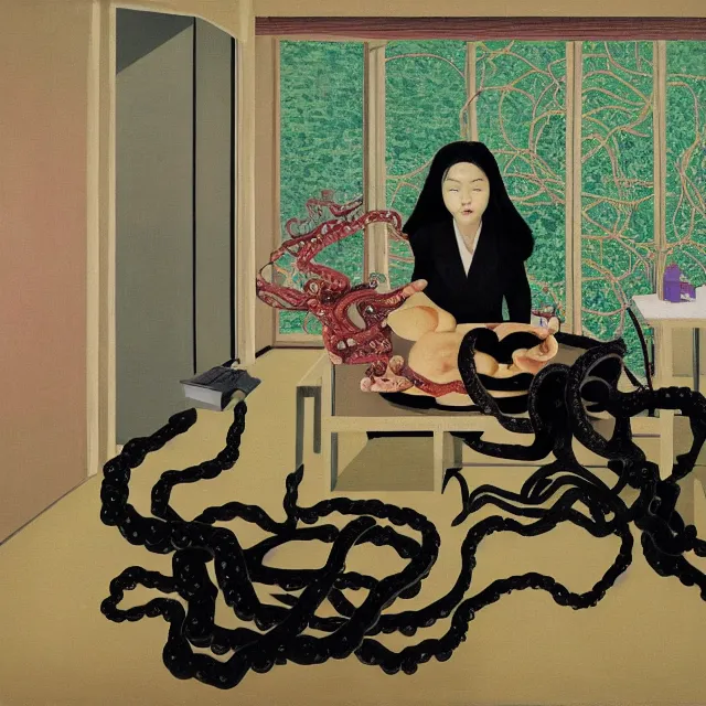 Image similar to a female pathology student in her apartment, wrapped in vines, medical equipment, candles, octopus, japanese tea ceremony, pig, black walls, ikebana, black armchair, sculpture, acrylic on canvas, surrealist, by magritte and monet