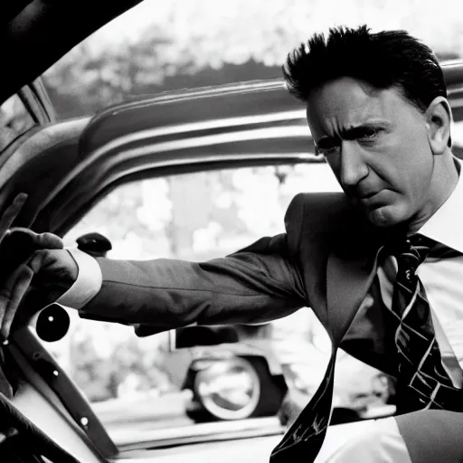 Image similar to jeff bezos as tim roth in reservoir dogs, bleeding in the back seat of the car holding his guts in, 3 5 mm film, high quality film, big screen, cinematic