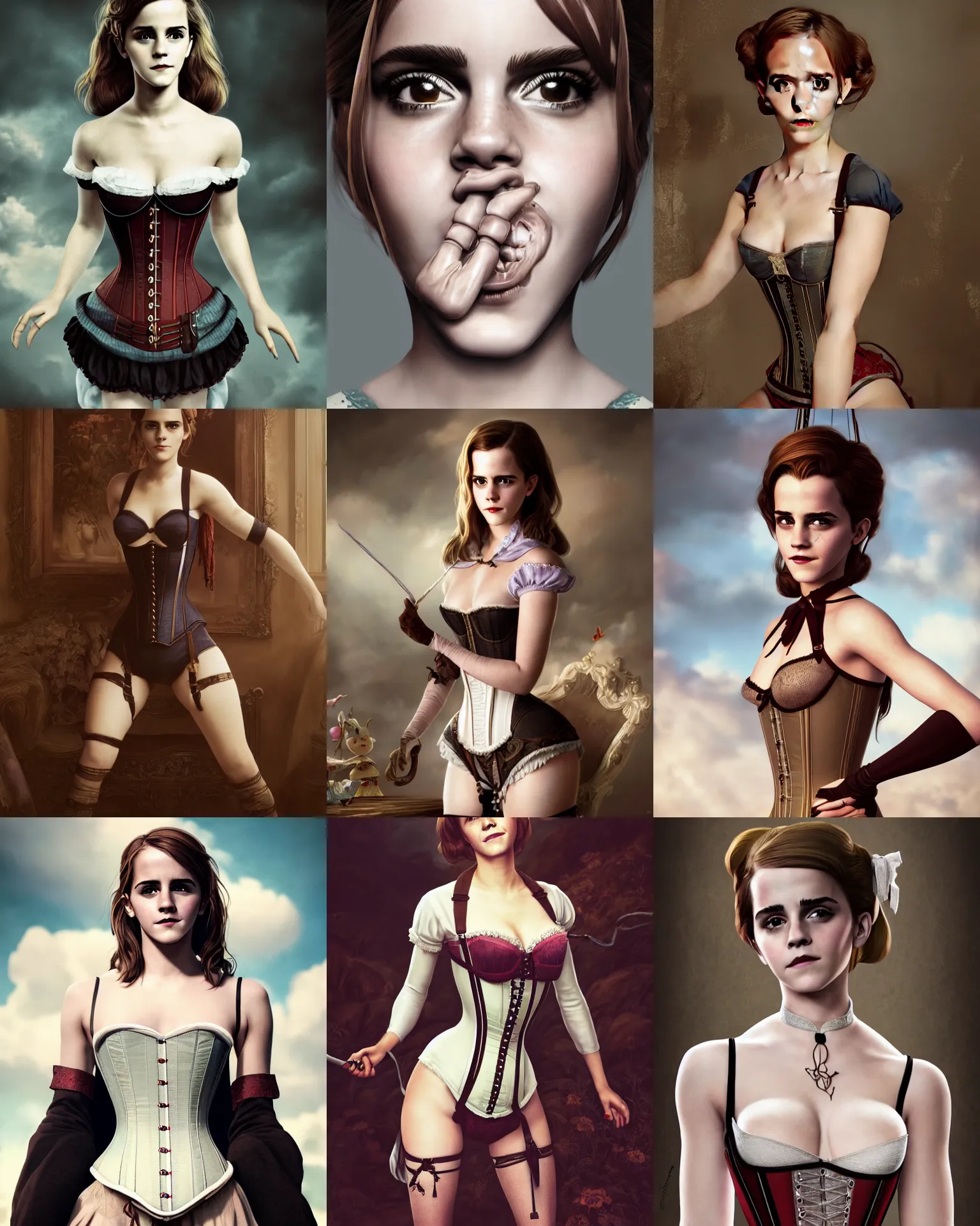 Prompt: full shot portrait painting of very beautiful emma watson standing as maiden in stockings corset bondage home, character design by mark ryden and pixar and hayao miyazaki, unreal 5, daz, hyperrealistic, octane render, cosplay, rpg portrait, dynamic lighting, intricate detail, cinematic