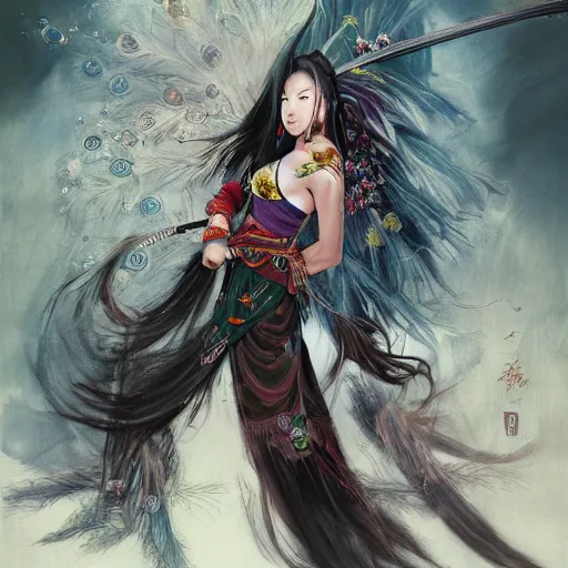 Image similar to An epic fantasy comic book style portrait painting of a gorgeous sword dance Chinese costume woman , by WLOP trending on artbreeder, long hair, smoke, feathers flying, flowers rain everywhere, full body XIANXIA, Chinese temple, depth of field by Yoji Shinkawa 4k