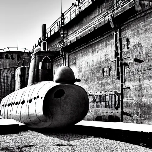 Image similar to Black and White photo of steampunk submarine at dry dock