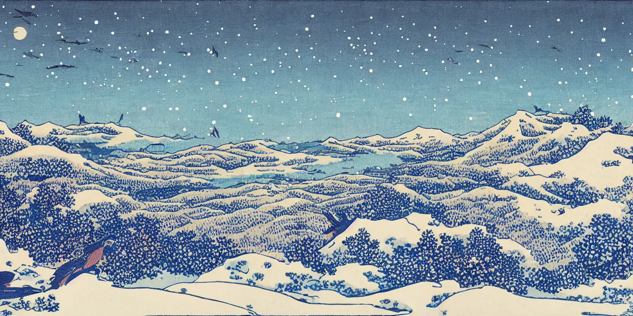 Image similar to laurentian appalachian mountains in winter, unique, original and creative landscape by hokusai, snowy night, distant town lights, aurora borealis, deers, ravens and crows, footsteps in the snow, brilliant composition, fascinating textures