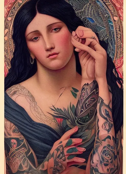 Image similar to beautiful enlightened instagram selfie influencer woman with tattoos, tattooed skin, oil painting, robe, symmetrical face, greek dark ritual myth, by john william godward and anna dittman, masterpiece