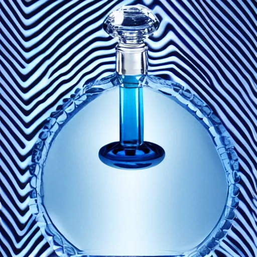 Image similar to perfume bottle centered in cool blue ripples in water