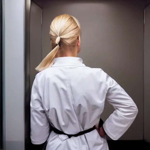 Prompt: profile of cute female nurse, blond hair. ponytail, white coat, in an elevator, gregory crewdson