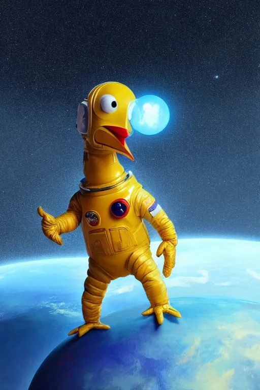 Image similar to a lonely chicken wearing a space suit without helmet in a alien planet, profile picture, digital art, concept art, trending on DeviantArt, highly detailed, high quality, 4K, cartoon, high coherence, path traced, blue sky in the background, octane render, digital painting, no helmet, masterpiece, anatomically correct, hyperrealistic