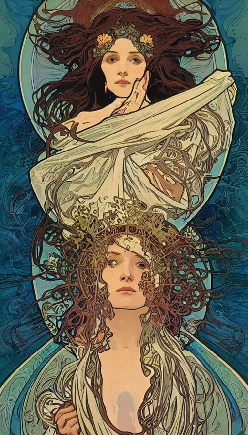 Prompt: The oracle of the dreaming, alphonse mucha, da vinci, Dan Mumford, Josan Gonzalez