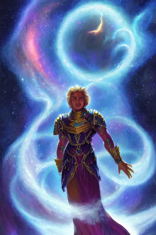 Image similar to beautiful oil painting with high detail of a astral traveller with stars and plasma in the background, hybrid from dungeons and dragons and art direction by James Cameron ;by artgerm; wayne reynolds art station; cinematic quality character render; low angle; ultra high quality model; production quality cinema model;