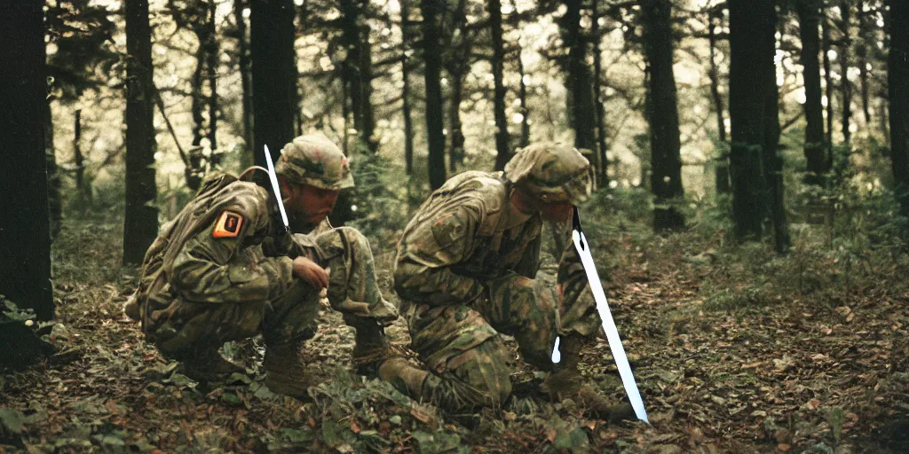 Prompt: soldier being circumcised with a box cutter in a forest, cinestill 8 0 0 t