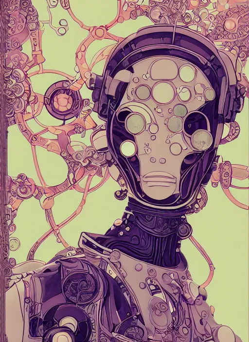 Image similar to an art nouveau kawaii gouache painting, by yoshitaka amano, by Victo Ngai, by shaun tan, by good smile company, detailed anime 3D render of an attractive male modular mechanical android, portrait, cgsociety, artstation, modular art nouveau mechanical costume and headpiece, futuristic setting bokeh depth of field