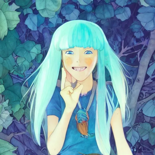 Image similar to a wholesome animation key shot of a blue haired girl with a raccoon tail, studio ghibli, pixar and disney animation, sharp, disney concept art watercolor illustration by mandy jurgens and alphonse mucha and alena aenami, pastel color palette, dramatic lighting