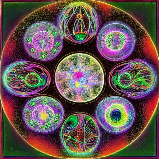 Prompt: quantum connections represented as symbiotic organisms like cells playing around with colorful lights by ernst haeckel