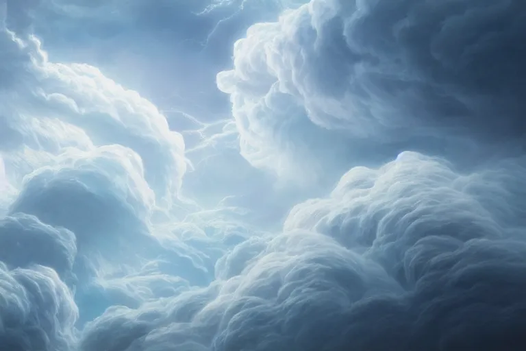 Prompt: a flock of many round puffy white clouds swirling into large clear blobs of rippling glass, abstract environment, lightning, award winning art, epic dreamlike fantasy landscape, ultra realistic,