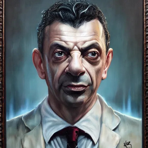 Image similar to lovecraft biopunk portrait of rowan sebastian atkinson by tomasz alen kopera and peter mohrbacher