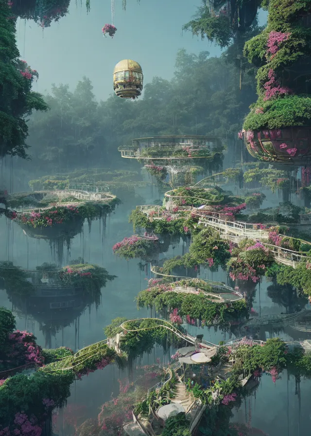 Image similar to The Empress’ hanging, swirling gardens, Jakub Kasper, Makoto Shinkai, Simon Stålenhag, matte painting, featured in artstation, octane render, cinematic, elegant, intricate, 8k