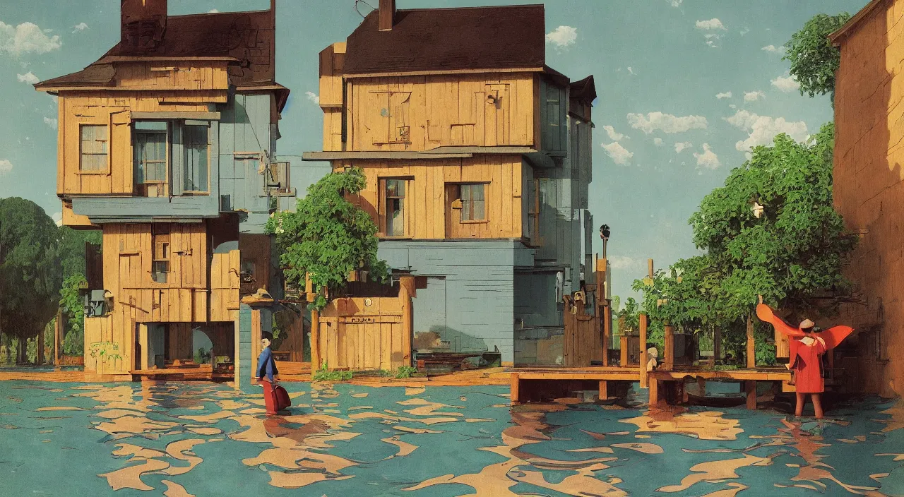 Prompt: single flooded! simple wooden entrance, very coherent and colorful high contrast!! masterpiece by rene magritte simon stalenhag carl spitzweg syd mead norman rockwell edward hopper james gilleard, water, minimalist, dark shadows, sunny day, hard lighting