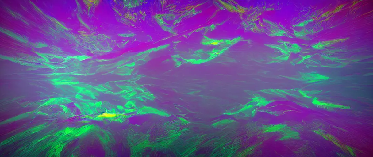 Prompt: dream landscape, simulation, neural network, glitch art, generative art, volumetric object, physical particles, translucence, cinematic lighting, iridescence, by ash thorpe