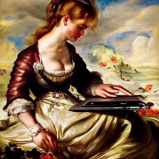 Image similar to heavenly summer sharp land sphere scallop well dressed lady working on her laptop auslese, by peter paul rubens and eugene delacroix and karol bak, hyperrealism, digital illustration, fauvist