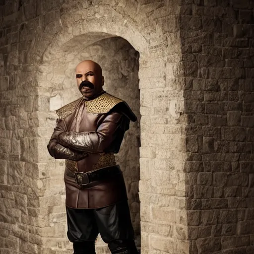 Image similar to promotional photograph of steve harvey in medieval clothing, highly detailed, cinematic lighting, photo, award - winning photograph, professional photograph, dramatic posing