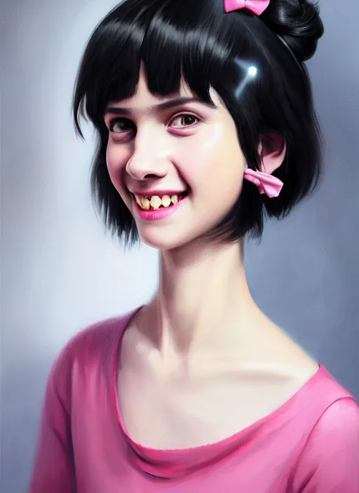 Image similar to portrait of high school girl, realistic, black hair, bangs, half updo hairstyle, pointy nose, skinny, smile, ugly, defined jawline, big chin, pink hair bow, earrings, intricate, elegant, glowing lights, highly detailed, digital painting, artstation, sharp focus, illustration, art by wlop, mars ravelo and greg rutkowski