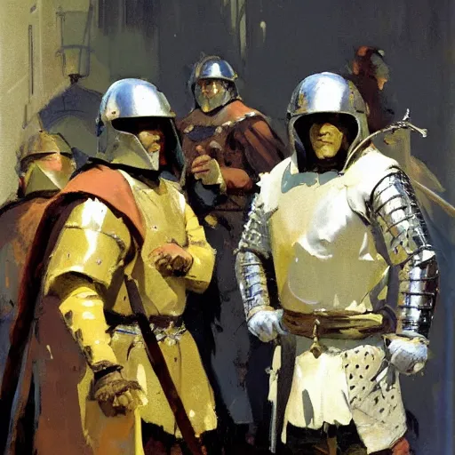 Image similar to portrait of men wearing gambeson and medieval helmets, clashing swords, detailed by greg manchess, craig mullins, bernie fuchs, walter everett