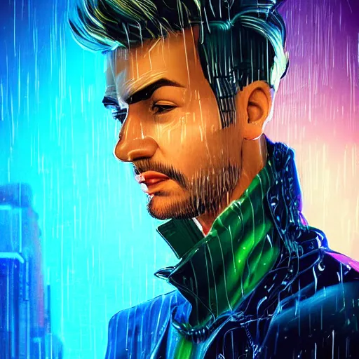 Prompt: stylish cartoon portrait made out of rain, cyberpunk background, rendered in octane, unreal engine, highly detailed, trending on artstation, realistic, splashes of neon, beautiful, depth of field, glowing eyes