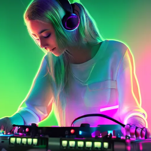 Prompt: a female woman dj playing music on a controller under the stars at a rave party, wearing headphones, long blonde hair with a side part, small kitten sitting nearby, neon pink, neon purple, octane 8 k render, hyper realistic, cyberpunk