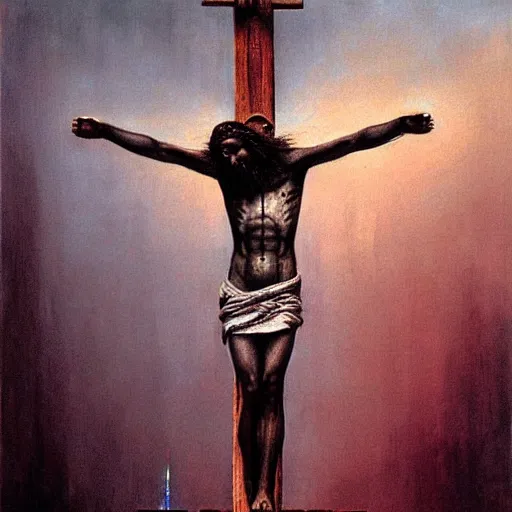 Image similar to the crucifixion of jesus in times square, beksinski style painting, very detailed