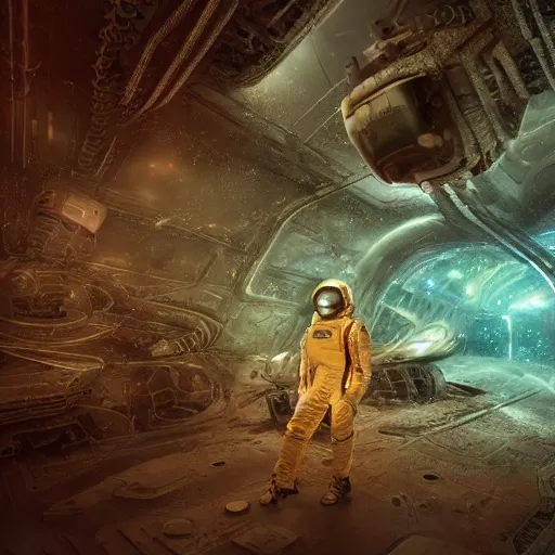 Prompt: concept art by craig mullins astronaut in futuristic dark and empty spaceship underwater. infrared complex and hyperdetailed technical suit. mandelbulb fractal. reflection and dispersion materials. rays and dispersion of light. volumetric light. 5 0 mm, f / 3 2. bokeh. noise film photo. flash photography. unreal engine 4, octane render. interstellar movie art