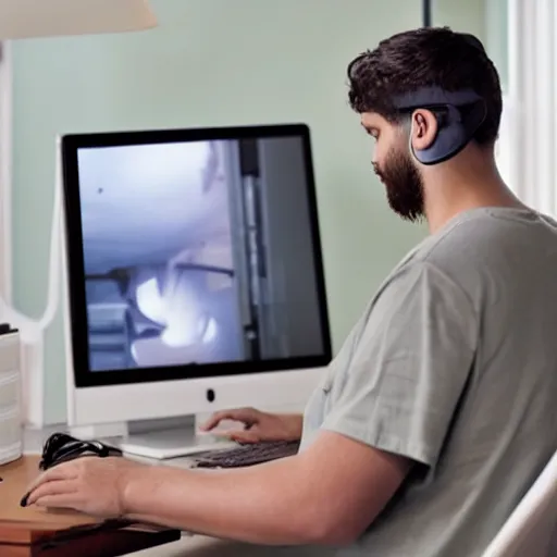 Image similar to color painting, highly realistic, heavyset man typing at his computer, using his mouse, looking at the screen, sitting in an office chair in his dimly lit bedroom