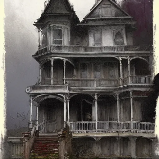 Prompt: exterior of haunted victorian house with ghosts, horror, by greg rutkowski