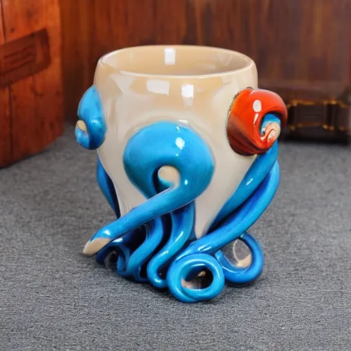 Image similar to a ceramic octopus sculpture mug, creative, beautiful, award winning design, functional, colorful