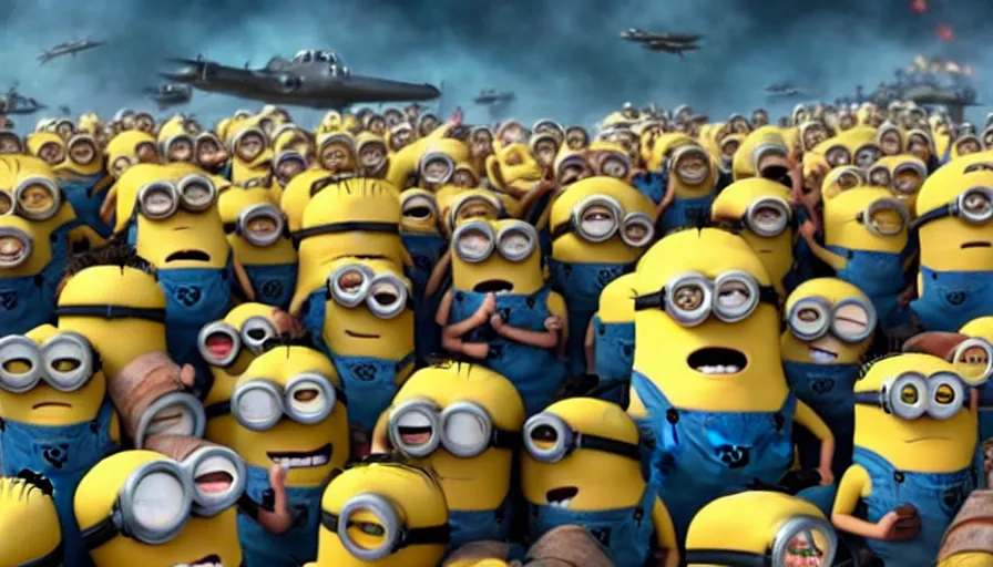 Image similar to millions of minions fighting the nazis during d - day, still from dreamworks movie