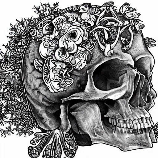 Image similar to detailed rotten skull corpse with fractal plants and fractal flowers and mushrooms growing around, symmetrical, ornate, ornamentation, illustration, in the style of onz _ blk, black and white