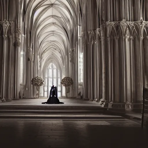 Prompt: a beautiful professional portrait photograph of a complex robot priest in massive gothic cathedral officiates a wedding ceremony. octane render, extremely detailed, cinematic lighting, 8k, cinematic movie photograph, closeup portrait, cgsociety, award-winning art, excellent composition, by Andree Wallins.