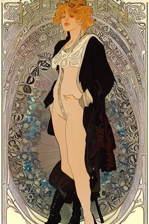 Prompt: full body portrait of a beautiful russian teenager with short platinum blonde hair and leather boots, illustration by alphonse mucha, trending on artstation, HD, D&D 4k, 8k, intricate detail, character design