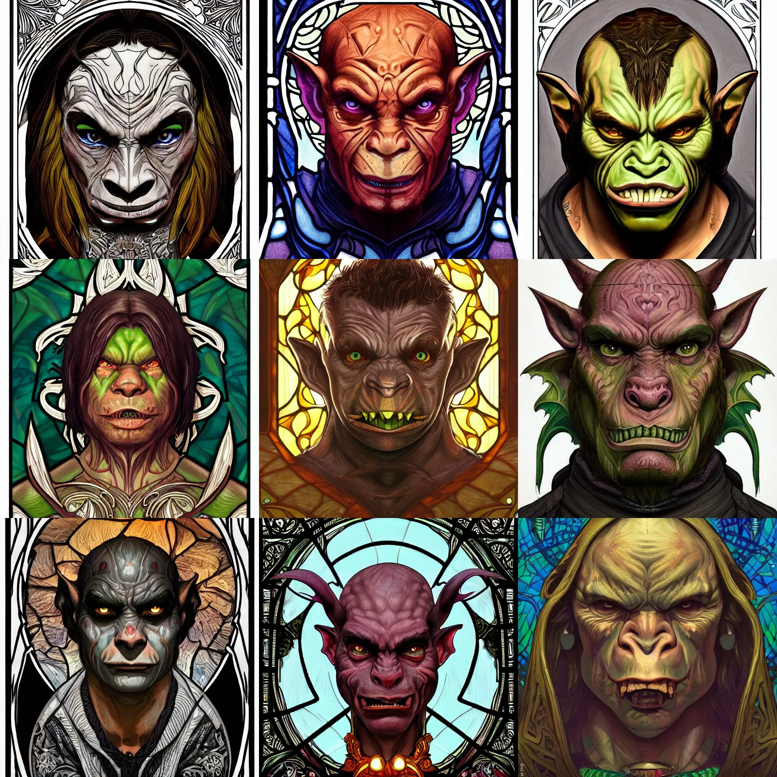 Prompt: head-on symmetrical centered painted portrait, male goblin orc rogue rogue, art nouveau, tarot card style, stained glass, fantasy, intricate, elegant, highly detailed, smooth, sharp focus, illustration, artstation, in the style of Artgerm and Anna Podedworna and Alex Ross and Mucha