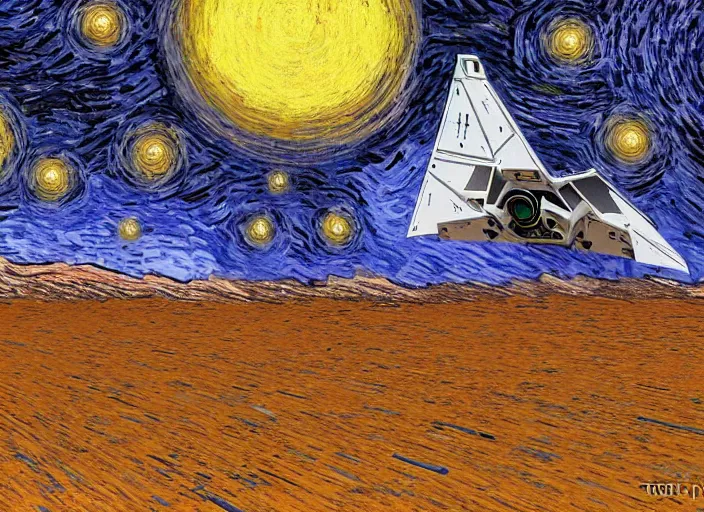 Image similar to a single spaceship taking off seen from the surface of a small town on a desert planet, star wars, digital art, trending on art station, in the art style of vincent van gogh starry night