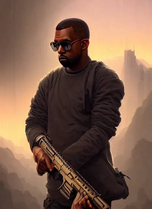 Prompt: highly detailed portrait kanye west holding gun gta v stephen bliss unreal engine fantasy art by greg rutkowski loish rhads ferdinand knab makoto shinkai lois van baarle ilya kuvshinov rossdraws tom bagshaw global illumination radiant light detailed intricate environment