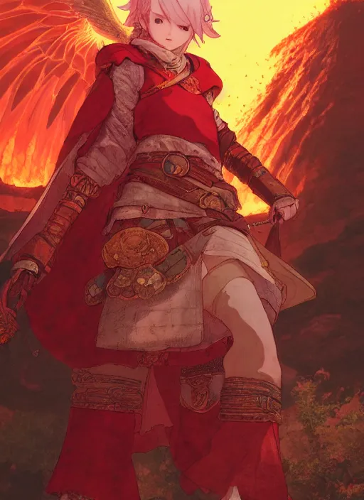 Image similar to character portrait of the ruby herald at the volcano temple, hidari, color page, tankoban, 4K, tone mapping, Akihiko Yoshida.