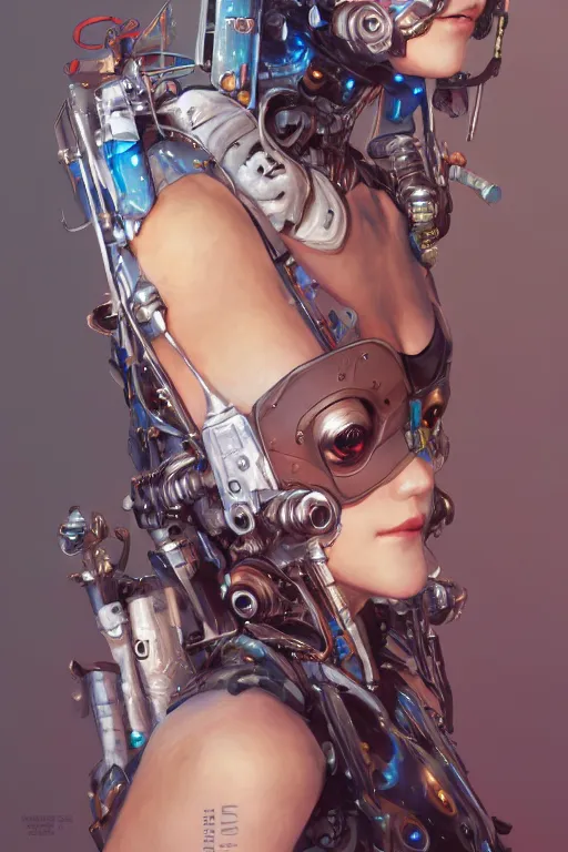 Prompt: portrait of beautiful young fairy cyborg, cyberpunk, Warhammer, highly detailed, artstation, illustration, art by Gustav Klimt and Range Murata and Ilya Kuvshinov and Sakimichan