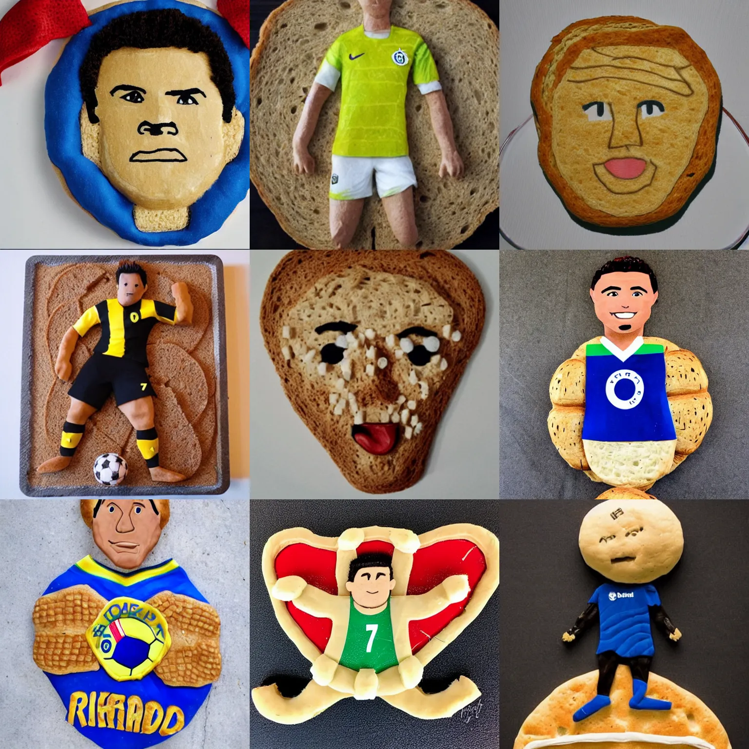 Image similar to soccer player ronaldo 7 made of bread dough