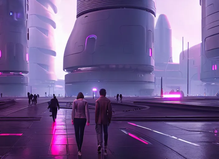 Image similar to a futuristic colony, blade runner 2 0 4 9 city architecture, spacex starship rocket launch site, environmental lighting, stromy weather, ray tracing, people walking on street, amazing view, highly detailed, heavy traffic, neon shops, octane render, unreal engine 5, 4 k